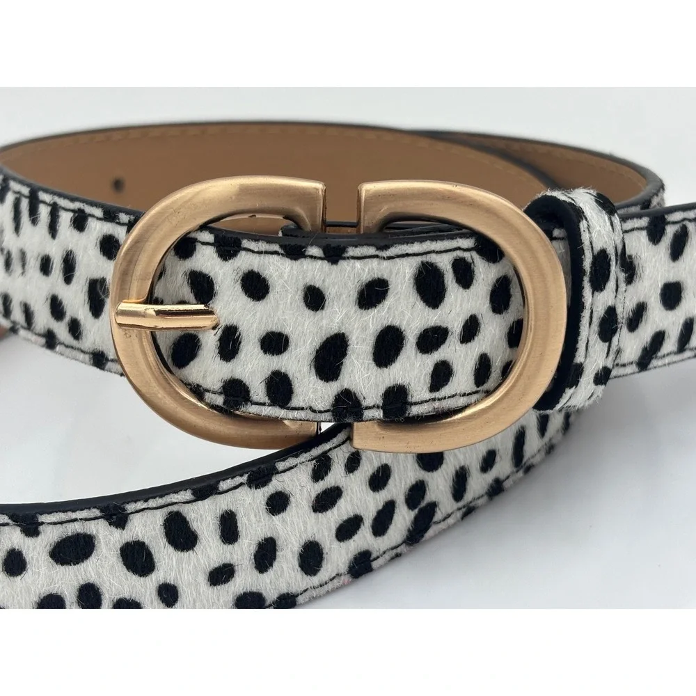 NEW Animal Print Belt Calf Hair Leopard Double C Cheetah Gold Buckle Black White